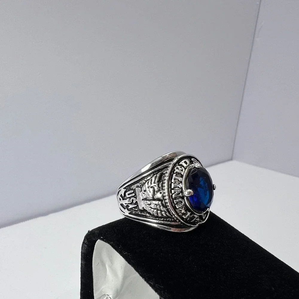 US Navy Ring Mens Size 10 Silver Tone Blue Stone Military American Patriotic